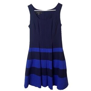 Nine West Mini Women's Size 4 Blue Cotton Scoop Neck Pleated Striped Flared